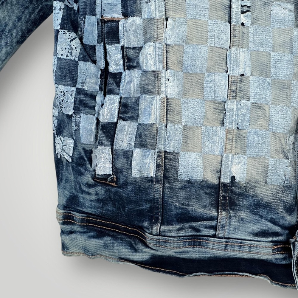 Copper Rivet Denim Jacket Mens XL Blue Bomber Graphic Checkered Street Art Skull - Picture 5 of 10
